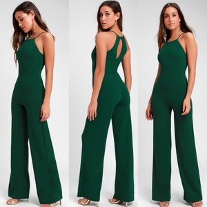 Lulus Aniyah Forest Green Wide-Leg Halter Jumpsuit